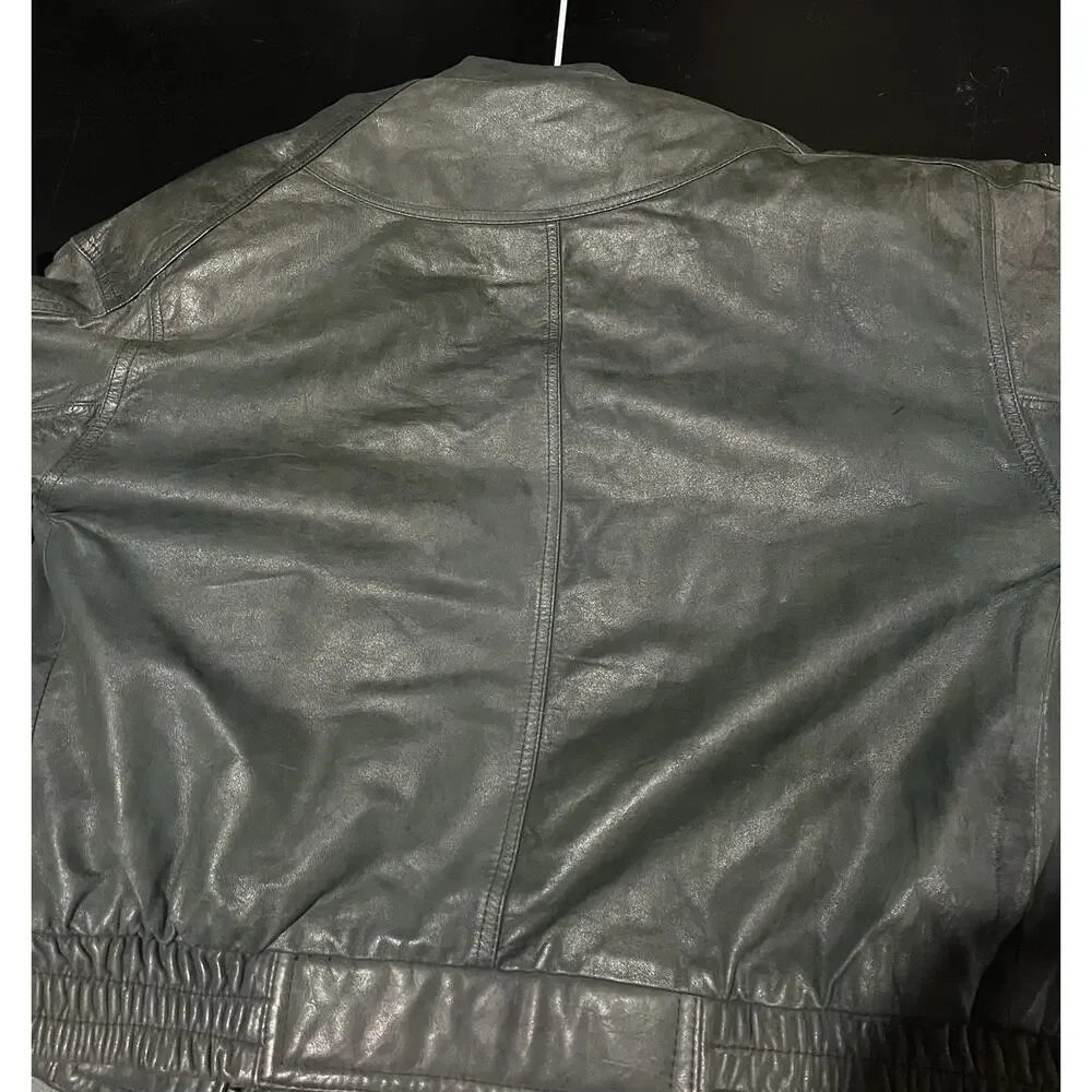 Vintage 80s Midway Leather Bomber Jacket Mens Small Sage Green Slate Flight Coat